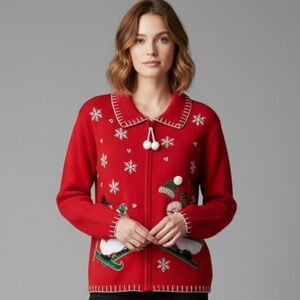 Vintage Heirloom Collectibles Ugly Christmas Skiing Snowman Sweater Cardigan XL